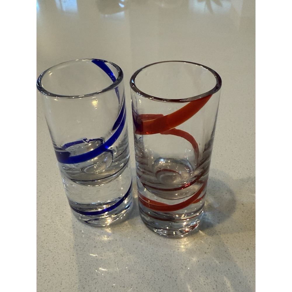 Pier 1 Swirline Cobalt Blue Red Swirl Shot Glasses Set Of 2 New With Tag